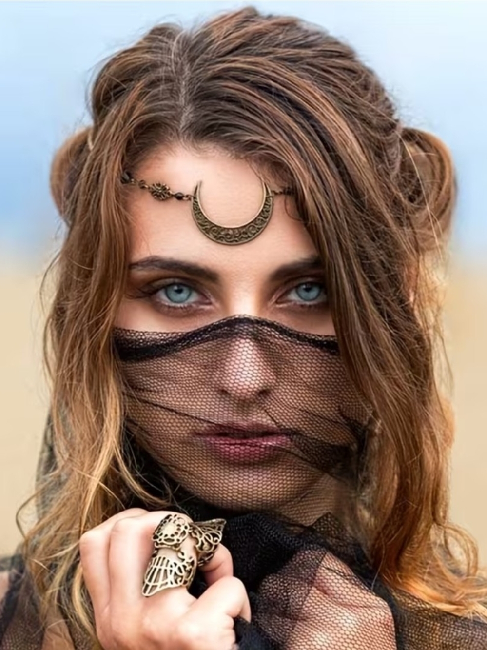 Bohemian Crescent Moon Headpiece in Antique Gold